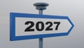2027 Blue street sign arrow on white background - 3D rendering illustration