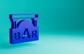 Blue Street signboard with inscription Bar icon isolated on blue background. Suitable for advertisements bar, cafe