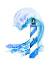 Blue striped cartoon lighthouse with ocean wave on background. Hand drawn watercolor illustration Royalty Free Stock Photo