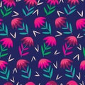 Blue with a strong pink folk florals and green leaves seamless pattern background design.