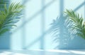Blue studio background for product display. Empty room has shadows of window and green palm leaves. 3d render scene with copy Royalty Free Stock Photo