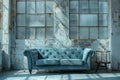 A blue studio couch is placed in front of a window in a room Royalty Free Stock Photo
