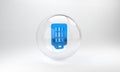 Blue Studio light bulb in softbox icon isolated on grey background. Shadow reflection design. Glass circle button. 3D Royalty Free Stock Photo