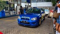 Blue Subaru Impreza WRX STI Blobeye in gas station Royalty Free Stock Photo