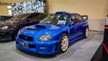 Blue Subaru Impreza WRX STI Blobeye with wrc inspired bodykit in Indonesia Modification Expo 2023 Royalty Free Stock Photo