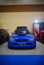 Blue Subaru Impreza WRX STI Blobeye with wrc inspired bodykit in Indonesia Modification Expo 2023 Royalty Free Stock Photo