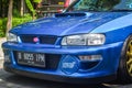 Blue Subaru Impreza WRX STI sedan on JDM run car meet Royalty Free Stock Photo