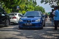 Blue Subaru Impreza WRX STI Spec C Hawkeye driving slow in JDM run car meet Royalty Free Stock Photo