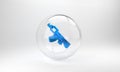 Blue Submachine gun icon isolated on grey background. Kalashnikov or AK47. Glass circle button. 3D render illustration