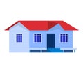 Blue suburban house with red roof, cozy home exterior, simple architecture design. Small family residence, cartoon house Royalty Free Stock Photo