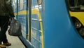 Blue subway train close up.