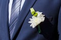 Blue suit and groom boutonniere of white chrysanthemums Royalty Free Stock Photo