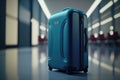 Blue suitcase on airport floor. Interior of departure for journey. Luggage, baggage, and bag. Travel concept. Royalty Free Stock Photo