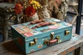 A blue suitcase is placed neatly on top of a wooden table, showcasing a practical storage solution for travel essentials, A