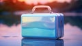 A blue suitcase sitting on top of a lake, AI