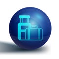 Blue Suitcase for travel icon isolated on white background. Traveling baggage sign. Travel luggage icon. Blue circle Royalty Free Stock Photo