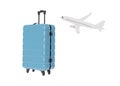 Blue suitcase with wheels and airplane isolated on white background. Travel suitcase with zipper. Big luggage trolley Royalty Free Stock Photo