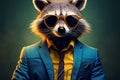 Blue suited raccoon character wears big glasses, oozing vintage hipster flair