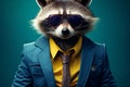 Blue suited raccoon character wears big glasses, oozing vintage hipster flair