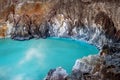 Blue sulfur toxic lake in the crater of the Ijen volcano. Poisonous sulfur smoke. Mountain volcanic landscape