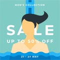 Blue summer mens collection. 50% Big sale special poster offer. Sale banner template design. Special offer design for web banner,