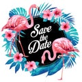 Blue summer tropical palm leaves with exotic flamingo and hibiscus flowers. Vector floral background.