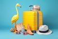 party blue travel flamingo yellow concept background vacation suitcase summer sunglasses. Generative AI. Royalty Free Stock Photo