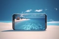 palm phone creative mock up concept sand holiday summer cyber sea. Generative AI.