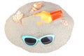 Blue sunglasses and sunblock with different shells. Isolated