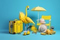 vacation flamingo baggage travel background summer blue suitcase yellow concept sunglasses. Generative AI. Royalty Free Stock Photo