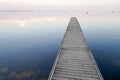 Blue sunrise on fishing boat wooden pontoon in sunset Lake Hourtin in Gironde france Royalty Free Stock Photo