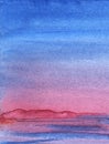 Blue sunset landscape. Mountains evening. Silhouettes of purple pink mountains on far side of lake or river. Hand-drawn abstract Royalty Free Stock Photo