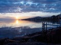 Blue sunset over rocky pier at Lake Geneva, Montreux, Switzerland Royalty Free Stock Photo