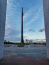 Blue sunset sky with clouds over the memorial in Victory Park on Poklonnaya hill in Moscow. A Grand historical complex dedicated