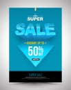 Blue super sale poster discount up to 50 percent with arrow. Royalty Free Stock Photo