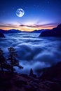 Blue supermoon, Moonrise over Mountain Range and Cloudy Sea - AI Generated Royalty Free Stock Photo