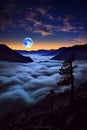 Blue supermoon, Moonrise over Mountain Range and Cloudy Sea - AI Generated Royalty Free Stock Photo