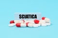 On the blue surface of the pills, capsules and a plate with the inscription - SCIATICA