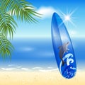 Blue surfboard on the sea background