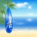 Blue surfboard on the sea background