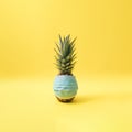 Blue surgical face mask on a pineapple. Yellow background. Minimal concept