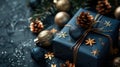 Blue Surprise: Festive Gift Box and Decorations on Dark Background with Copy Space for Christmas, Birthday or Holiday Present Royalty Free Stock Photo