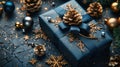 Blue Surprise: Festive Gift Box and Decorations on Dark Background with Copy Space for Christmas, Birthday or Holiday Present Royalty Free Stock Photo