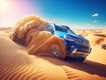 A blue SUV on a clear sunny day rushes through the dunes