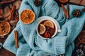 Blue sweater and cup of hot tea with lemon cinnamon sticks and anise star. Dry slices of citrus orange and cones. Hot Royalty Free Stock Photo