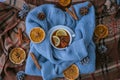 Blue sweater and cup of hot tea with lemon cinnamon sticks and anise star. Dry slices of citrus orange and cones. Hot Royalty Free Stock Photo