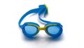 blue swimming goggles with yellow strip on white background Royalty Free Stock Photo