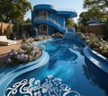 Blue Swimming Pool In a Yard of Modern House extreme closeup. Generative AI Royalty Free Stock Photo