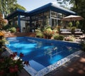 Blue Swimming Pool In a Yard of Modern House extreme closeup. Generative AI Royalty Free Stock Photo