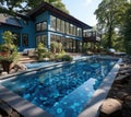 Blue Swimming Pool In a Yard of Modern House extreme closeup. Generative AI Royalty Free Stock Photo